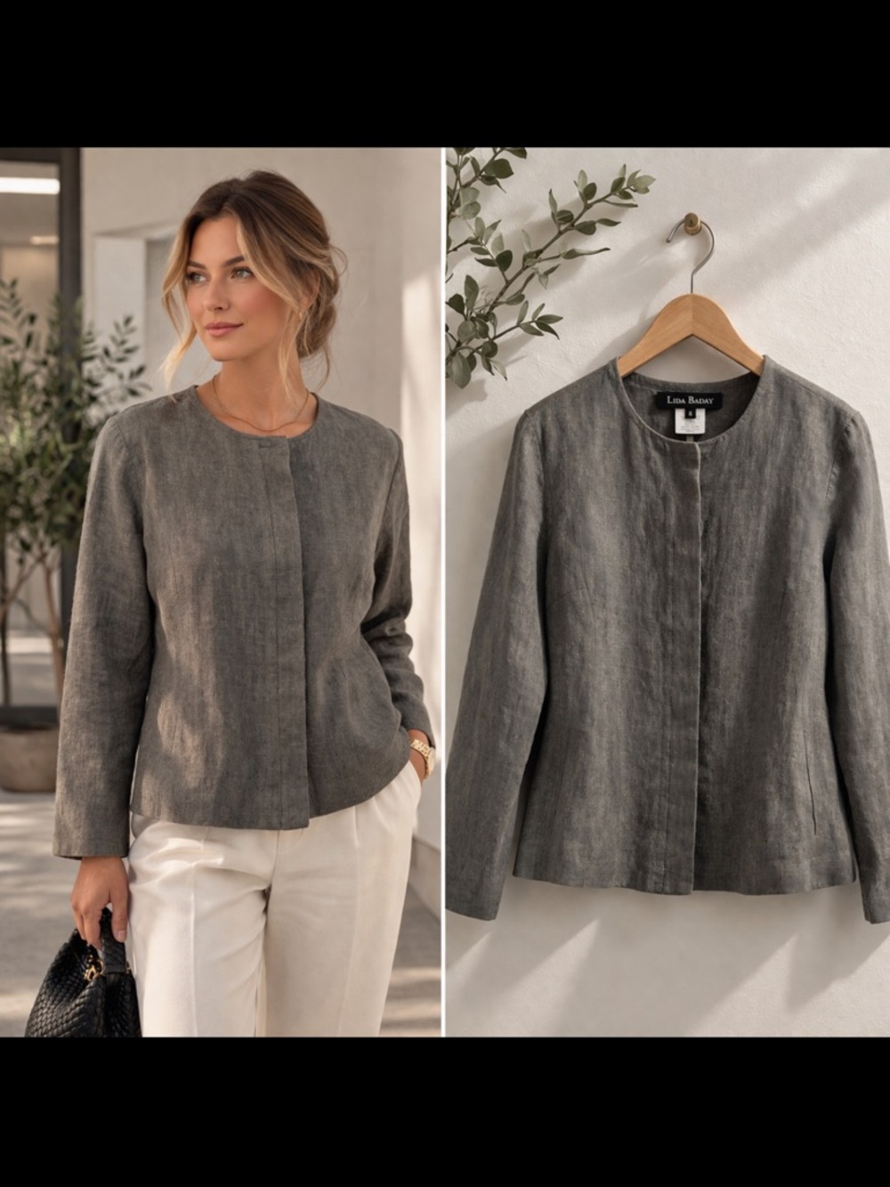Lida Baday Linen Blazer Womens 8 Olive Hidden Button Minimalist